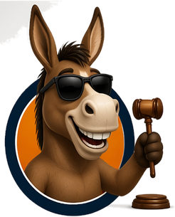 The Auction Mule mascot: a mule in sunglasses holding an auctioneer's gavel