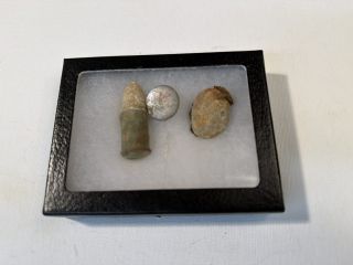 Lot of bullet, button, and bullet in wood